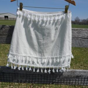 White Linen Blend Fringe Mini Skirt With Tassels